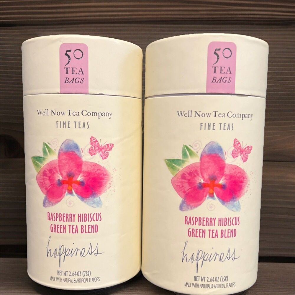WELL NOW TEA Co CAFFEINATED RASPBERRY HIBISCUS GREEN TEA -2 tubes-100 Bags